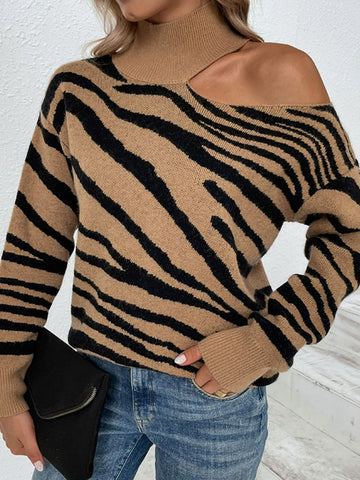 Pull col montant à épaules dénudées et imprimé tigre