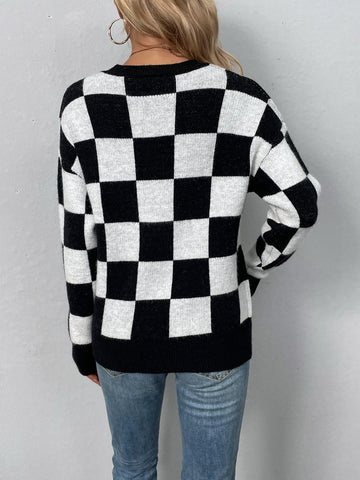 Checkered Dropped Shoulder Round Neck Sweater