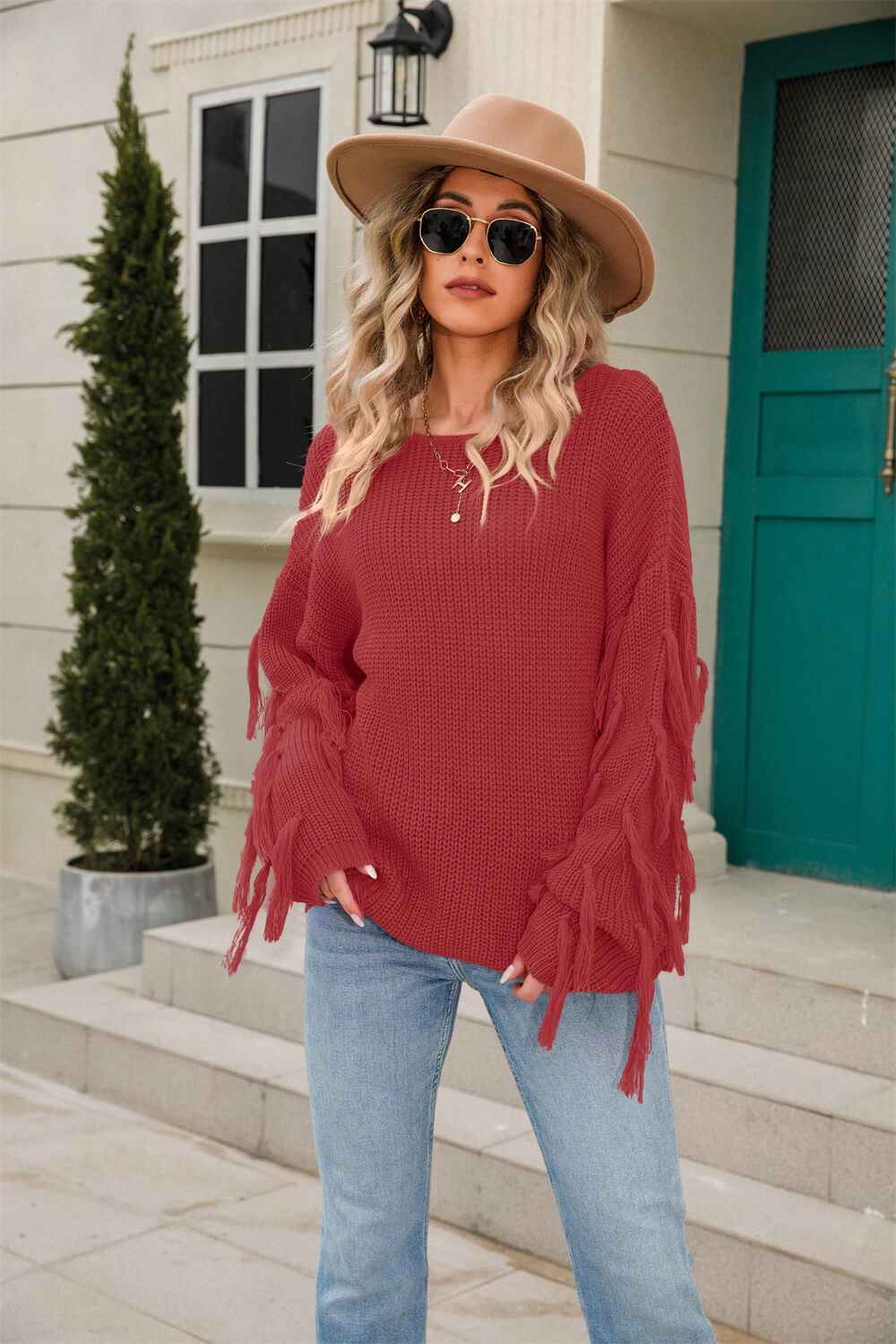 Tassel Detail Rib-Knit Round Neck Sweater