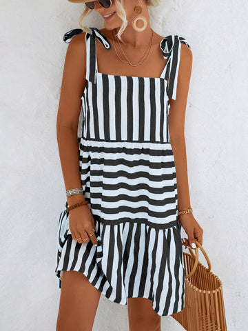 Striped Tie Shoulder Straight Neck Mini Dress