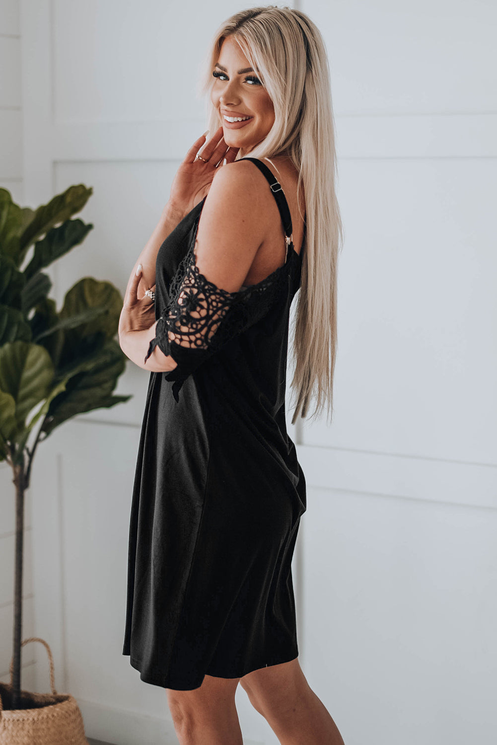 Spliced Lace Cold-Shoulder Mini Dress