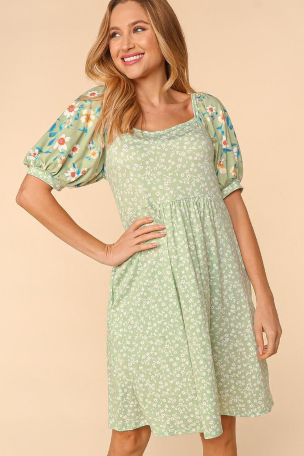 Haptics Full Size Floral Lantern Sleeve Dress with Pockets