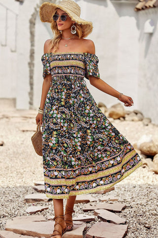 Bohemian Square Neck Short Sleeve Midi Dress