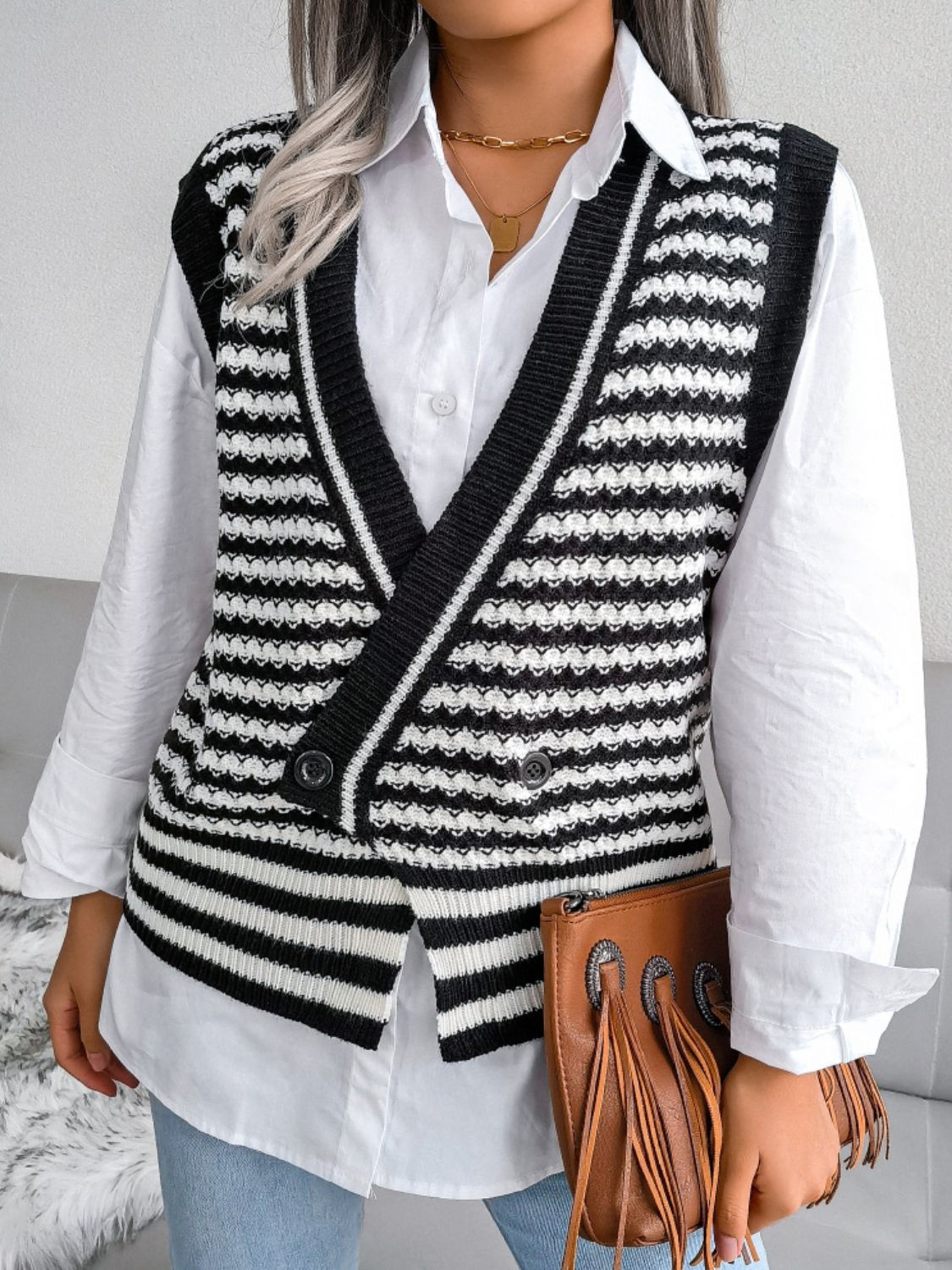Striped Front Slit Double-Breasted Surplice Sweater Vest