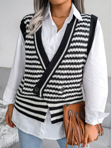 Striped Front Slit Double-Breasted Surplice Sweater Vest