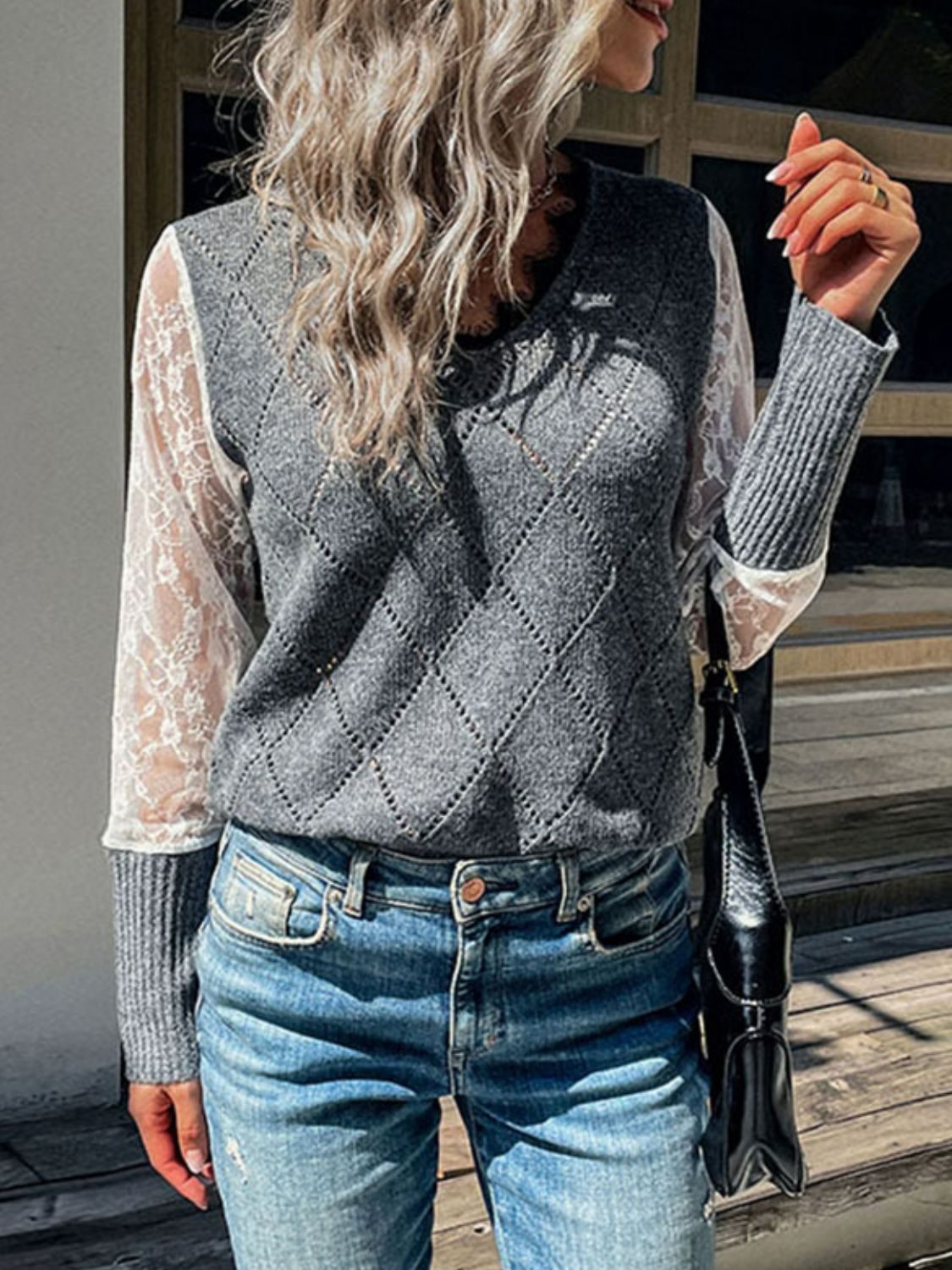 Spliced Lace Long Sleeve Eyelash Trim V-Neck Sweater