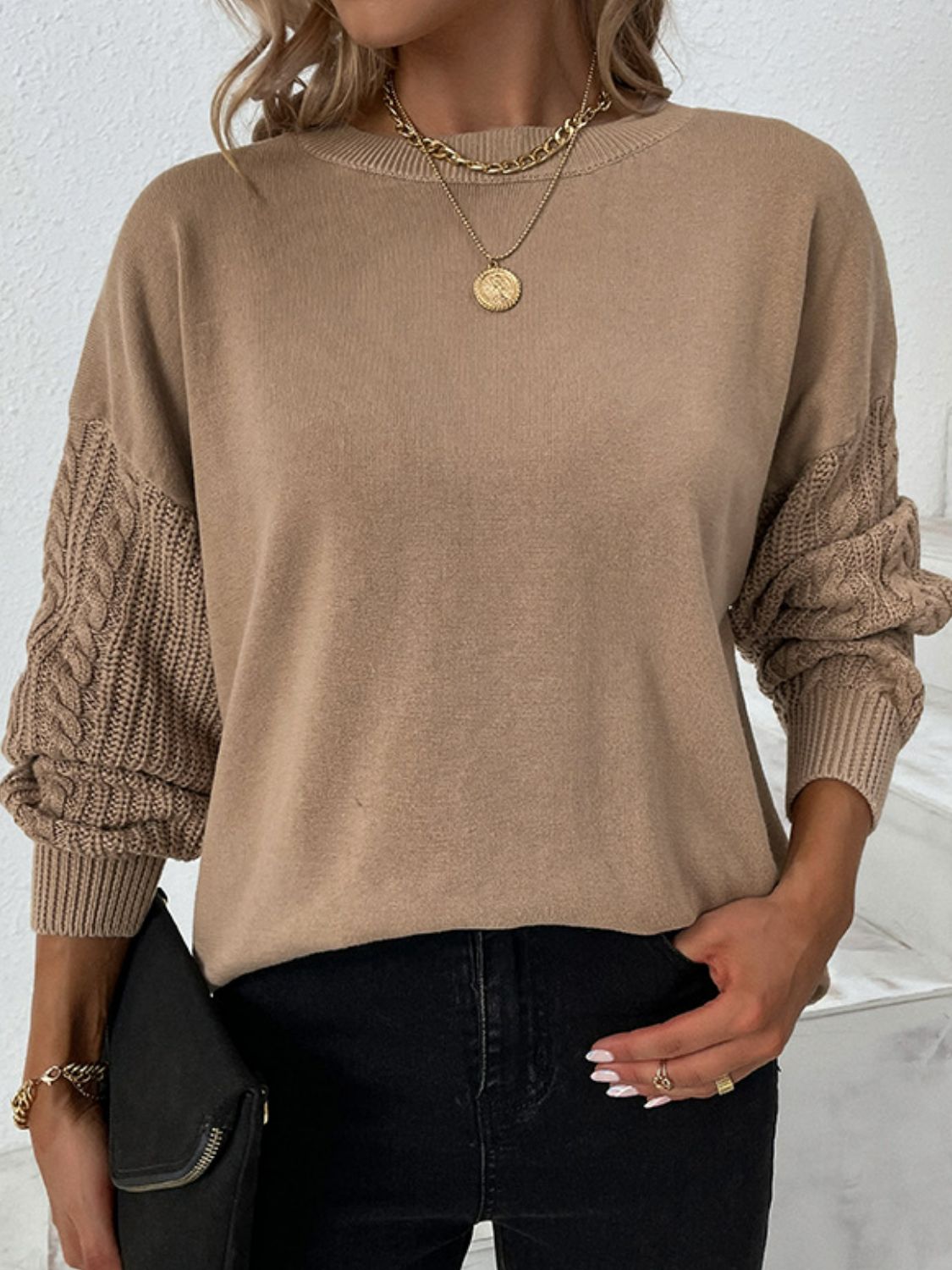 Cable-Knit Ribbed Trim Tunic Sweater