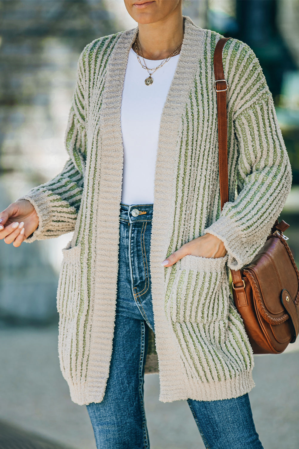Striped Open Front Ribbed Cardigan with Pockets