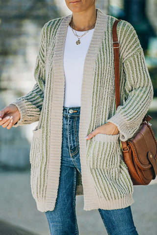 Striped Open Front Ribbed Cardigan with Pockets