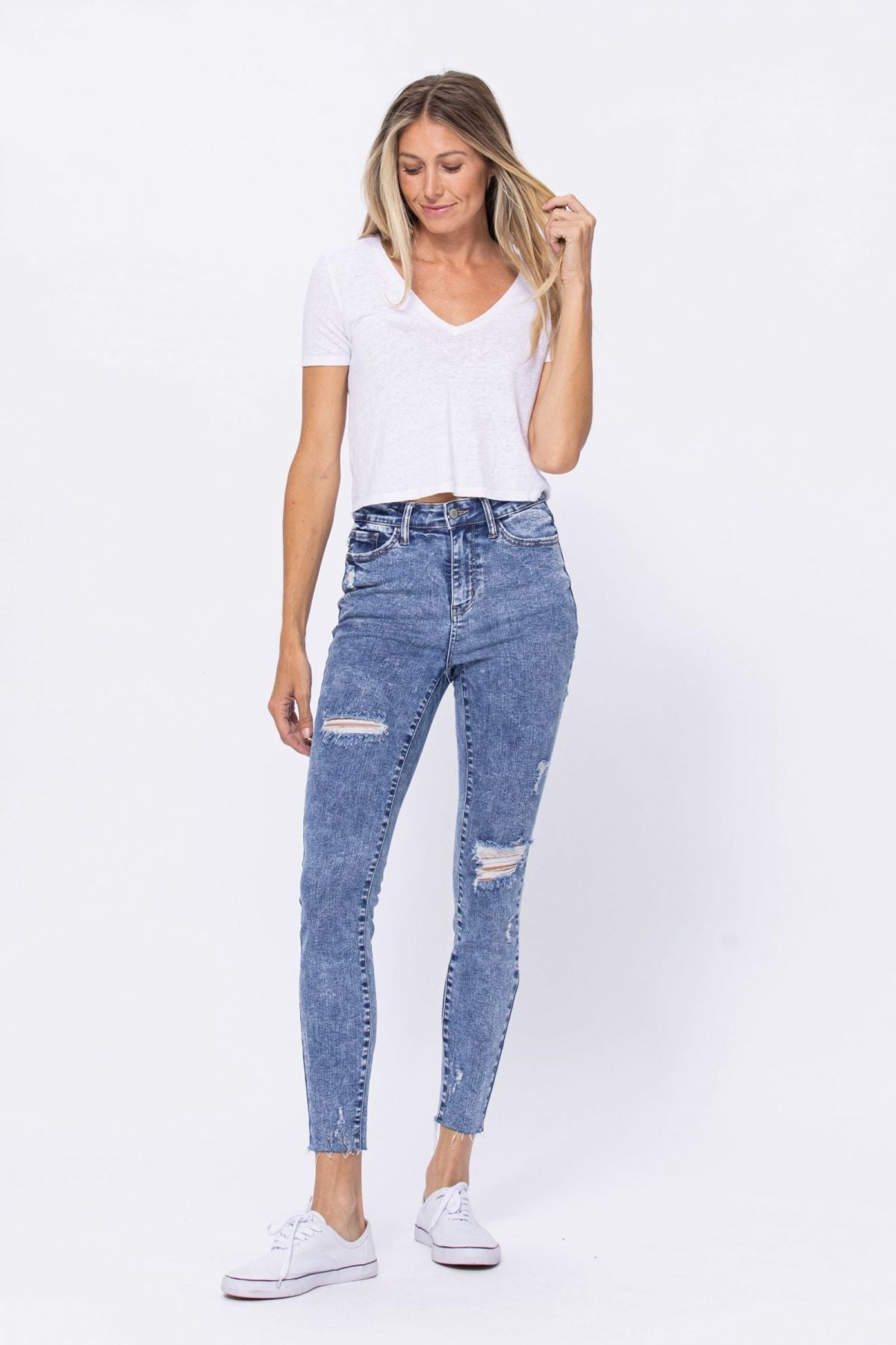 High Rise Acid Wash Destroyed Skinny Jeans