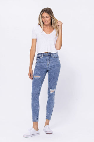 High Rise Acid Wash Destroyed Skinny Jeans