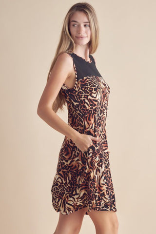 Full Size Animal Print Round Neck Sleeveless Dress with Pockets