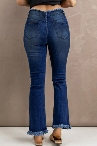 Jeans mit hoher Taille und Used-Look und offenem Saum