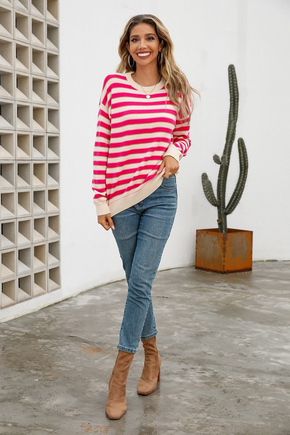 Striped Round Neck Dropped Shoulder Knit Pullover