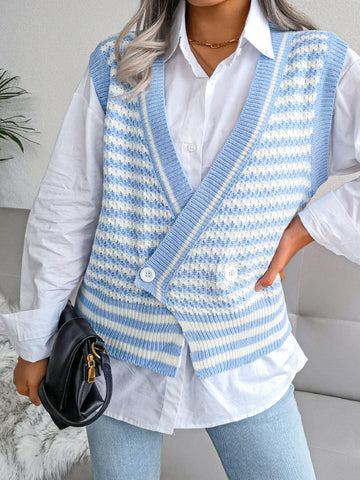 Striped Front Slit Double-Breasted Surplice Sweater Vest