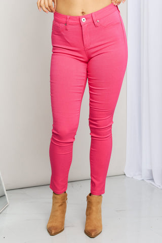 YMI Jeanswear Kate Hyper-Stretch Full Size Mid-Rise Skinny Jeans in Fiery Coral