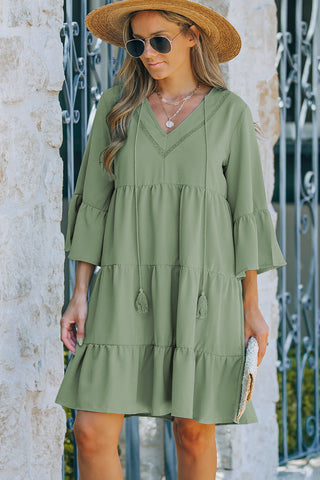 Tassel Tie Tiered Flounce Sleeve Tiered Dress