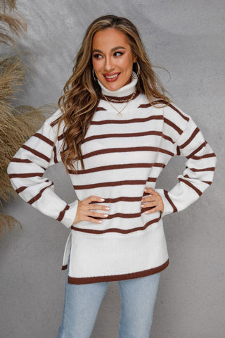 Striped Side Slit Turtleneck Sweater