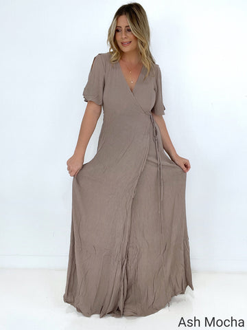 Woven Crinkle Gauze Wrap Tie Side Maxi Dress