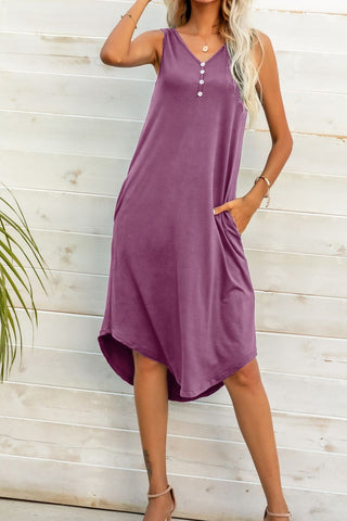 Buttoned V-Neck Curved Hem Sleeveless Dress