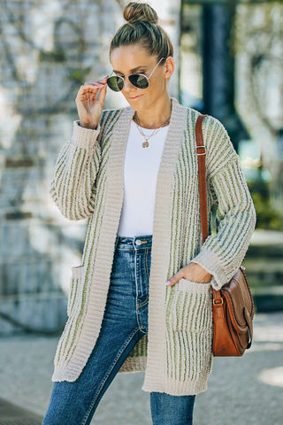 Striped Open Front Ribbed Cardigan with Pockets