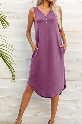 Buttoned V-Neck Curved Hem Sleeveless Dress