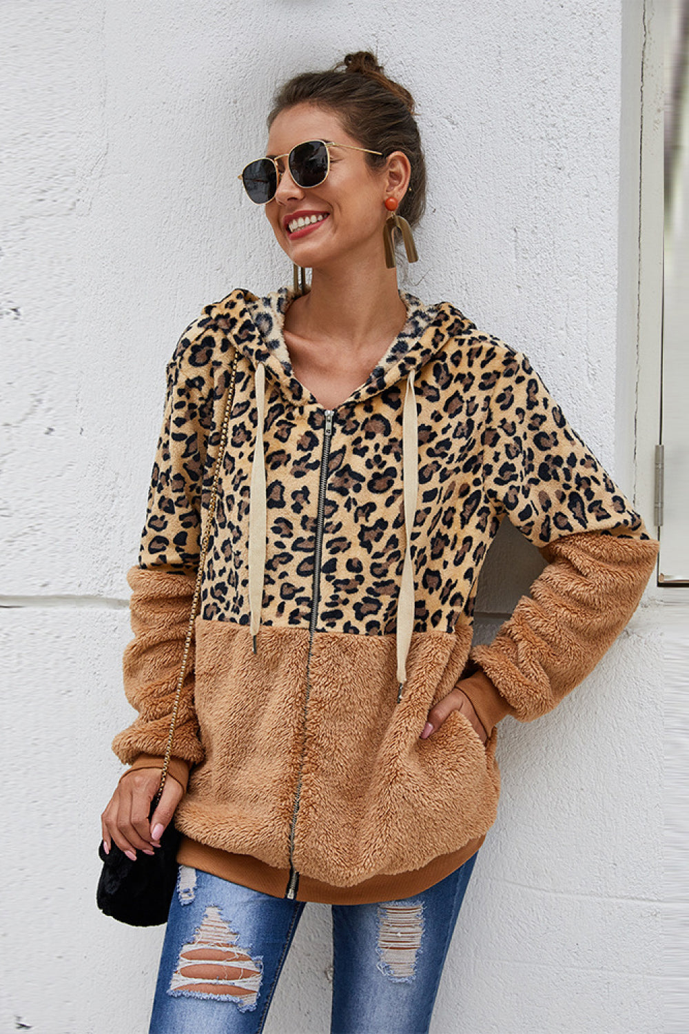 Spliced Leopard Drawstring Zip-Up Teddy Hoodie