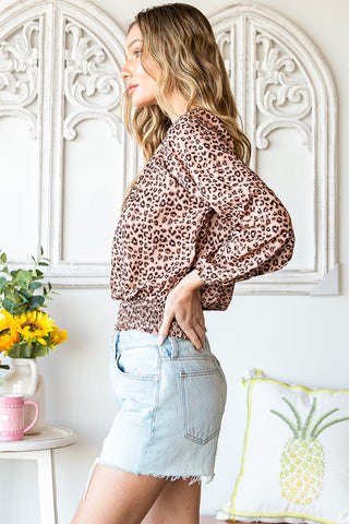 Leopard Smocked Mock Neck Blouse