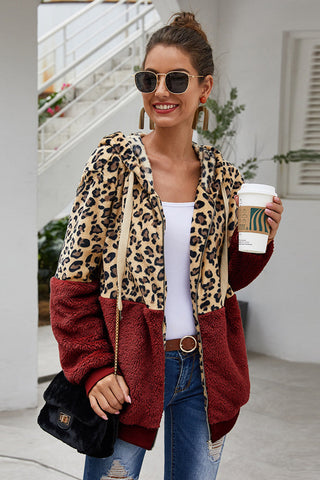 Spliced Leopard Drawstring Zip-Up Teddy Hoodie