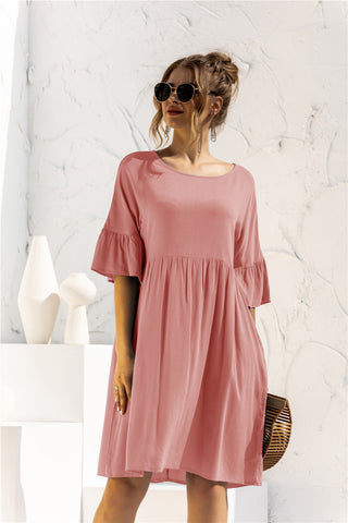 Boat Neck Flounce Sleeve Knee-Length Dress