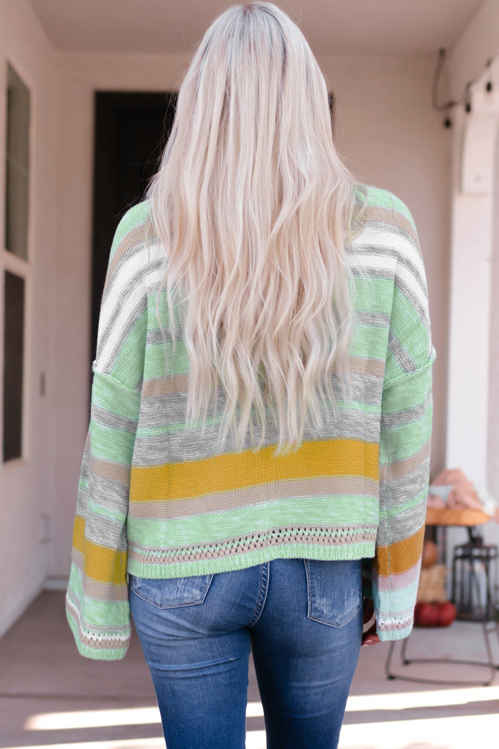 Striped Exposed Seam Bell Sleeve Sweater