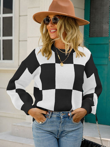 Checkered Dropped Shoulder Knit Pullover