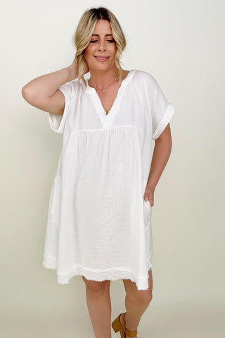 Gauze Short Sleeve Raw Edge V-Neck Dress