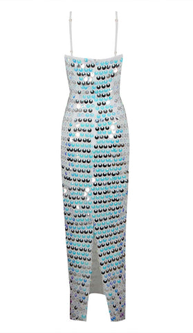 Robe mi-longue sans manches ornée de sequins en bleu