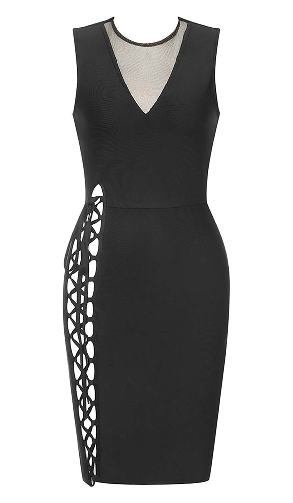 SLEEVELESS STRAP BANDAGE MIDI DRESS IN BLACK