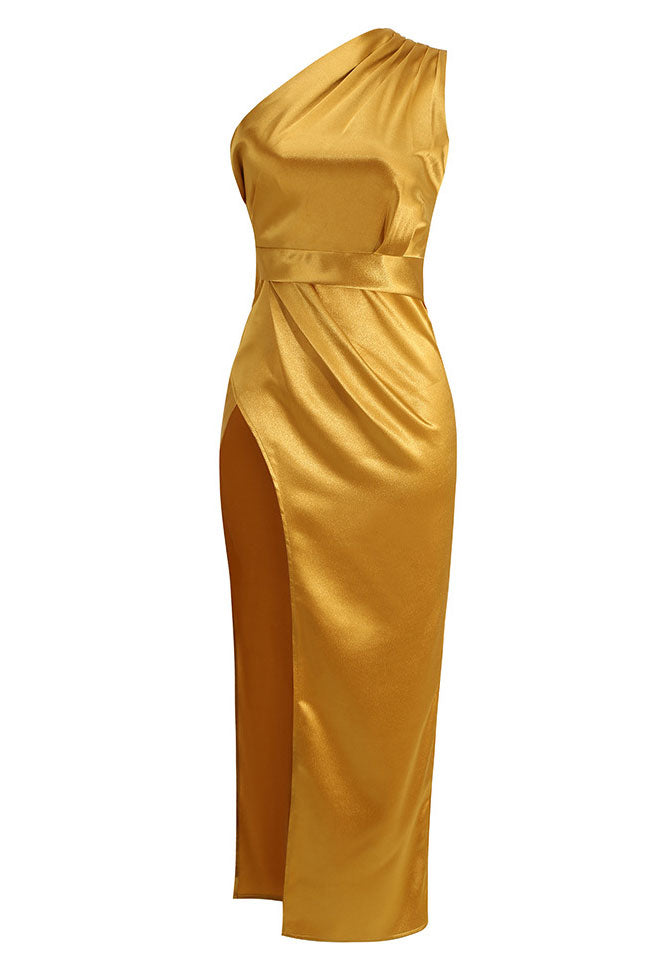 Silky Satin Pleated One Shoulder High Slit Midi Evening Dress - Gold