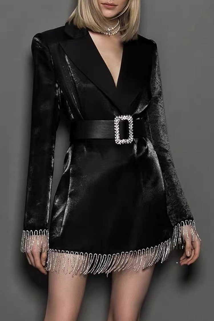 Robe mini blazer à manches longues avec ceinture et bordure à franges scintillantes - Noir