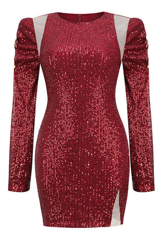 Sparkly Embellished Mesh Panel Long Sleeve Sequin Mini Dress - Burgundy