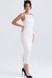 Sparkly Fringe Boat Neck Bodycon Sleeveless Satin Midi Dress - White