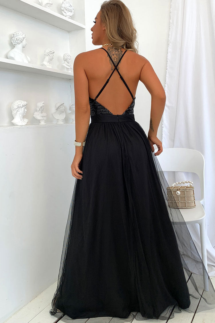Sparkly Sequined Deep V High Split Backless Evening Maxi Dress - Black Luis Shop Sparkly Sequined Deep V High Split Backless Evening Maxi Dress - Black Luis Shop