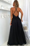 Sparkly Sequined Deep V High Split Backless Evening Maxi Dress - Black