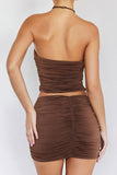 Stylish Halter Crop Top Ruched Skirt Two Piece Mini Dress - Brown