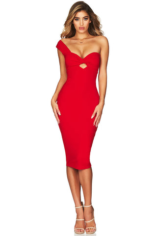 Robe de cocktail mi-longue moulante à une épaule et décolleté en cœur - Rouge