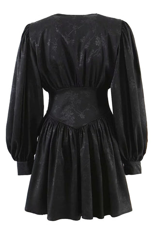 Robe courte évasée à manches longues en jacquard fleuri Swingy - Noir