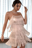 Swingy Square Neck Spaghetti Strap Fringe Flapper Mini Dress - Light Pink