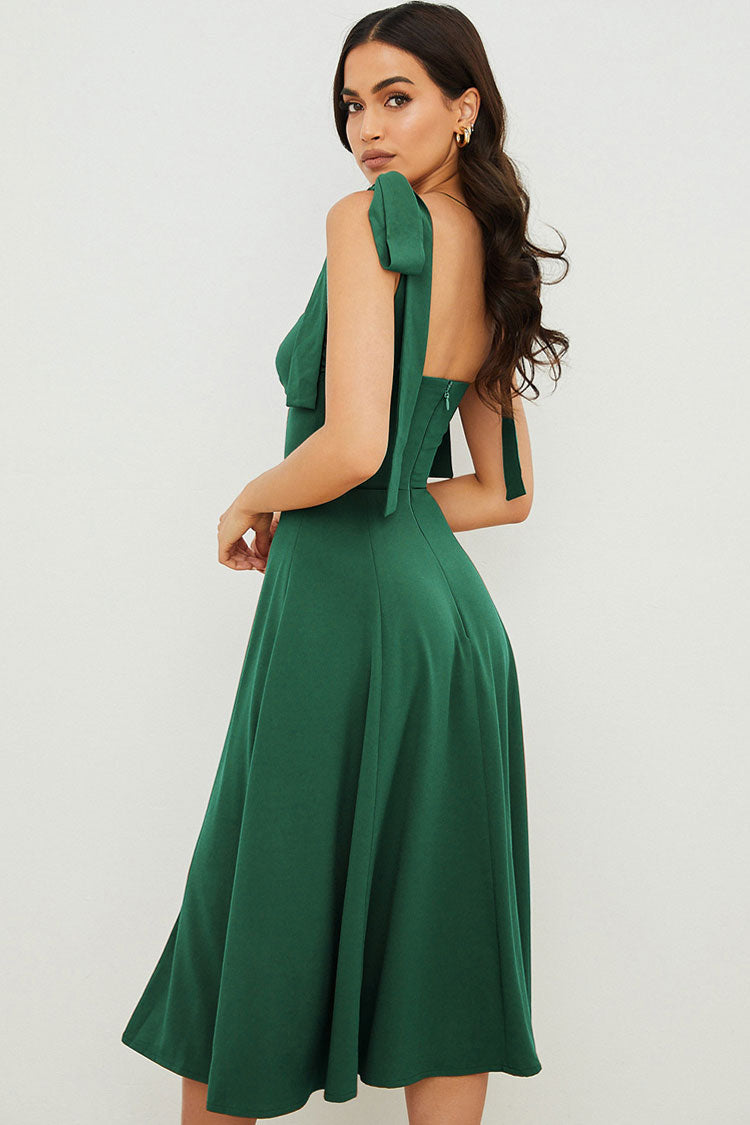 Tie Strap Fit & Flare High Slit Slip Midi Dress - Emerald Green