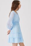 Tiered Ruffle Long Sleeve French Pleated Mini Dress - Light Blue