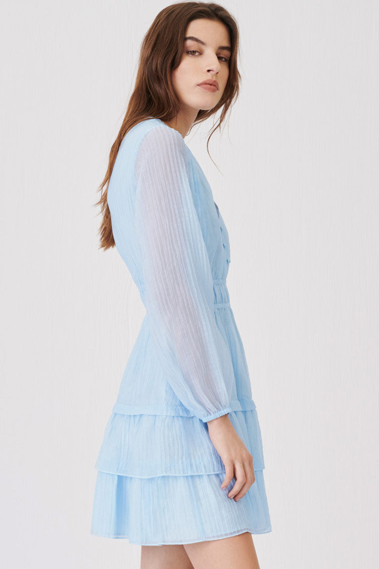 Tiered Ruffle Long Sleeve French Pleated Mini Dress - Light Blue