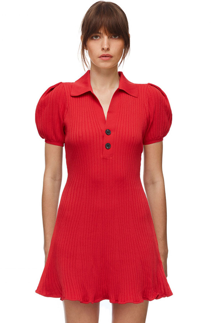 Mini-robe polo d'hiver côtelée à manches bouffantes tendance - Rouge