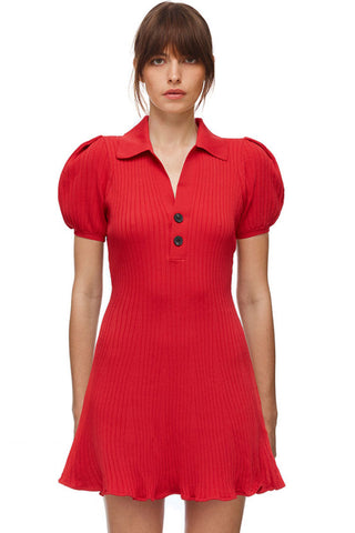 Mini-robe polo d'hiver côtelée à manches bouffantes tendance - Rouge